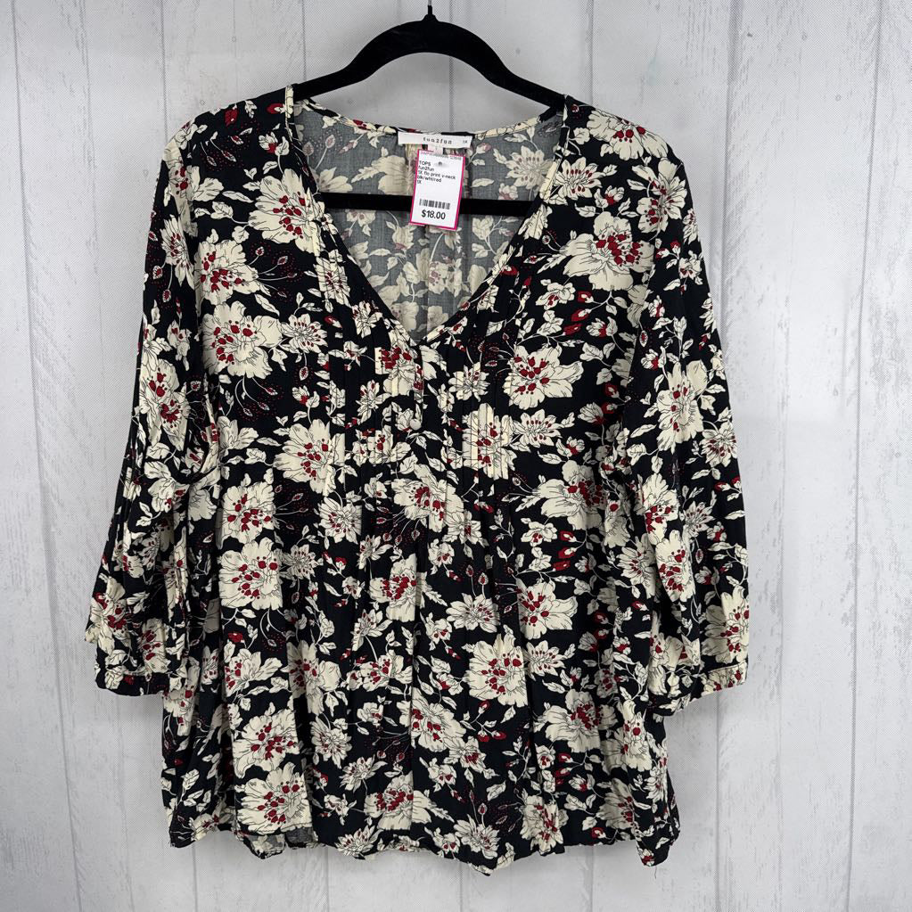 1X flo print v-neck 3/4 slv top