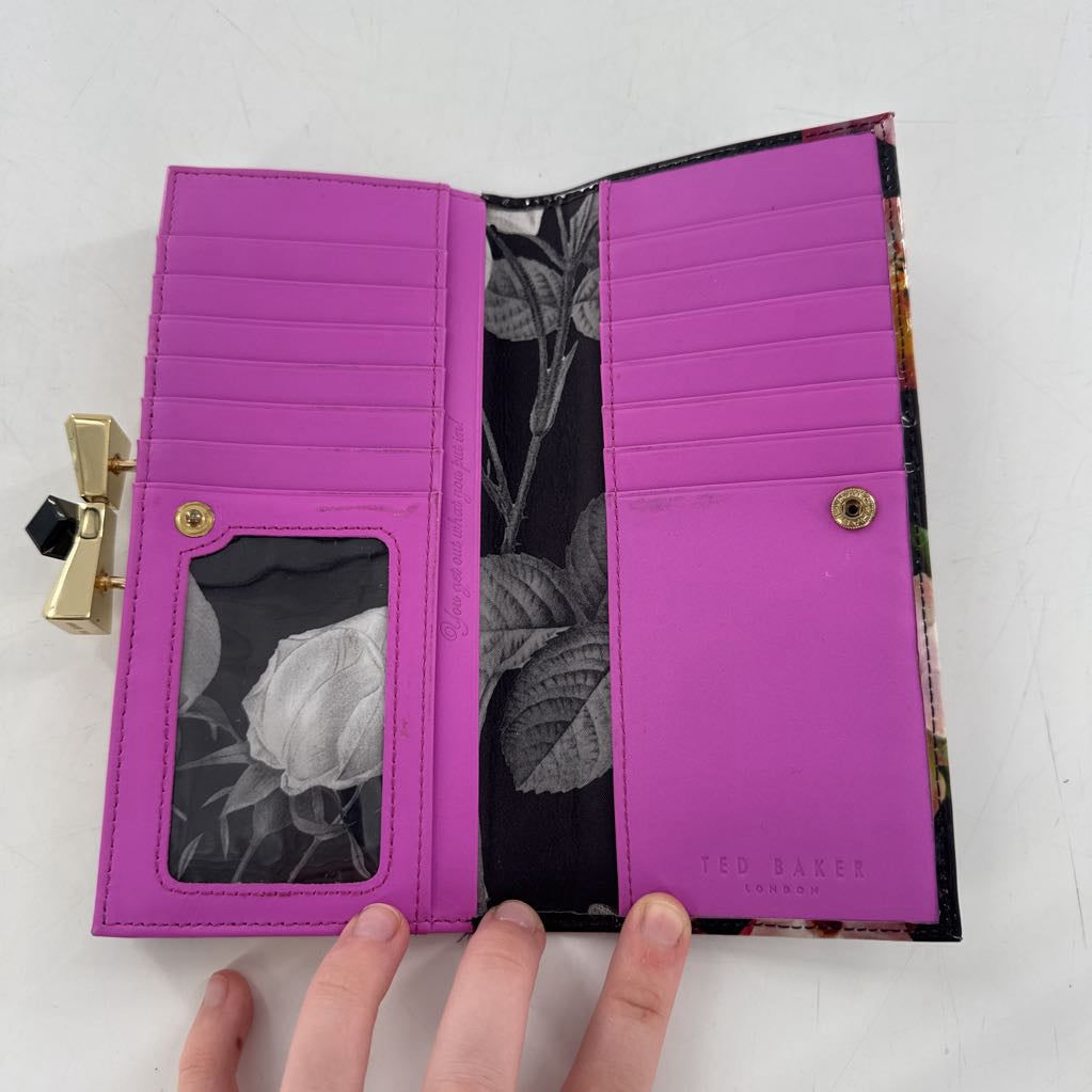 patent floral gold tone bow clasp wallet/clutch