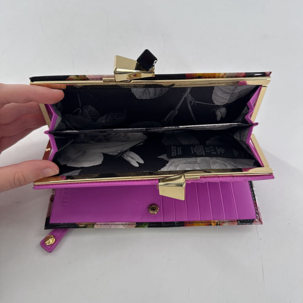 patent floral gold tone bow clasp wallet/clutch