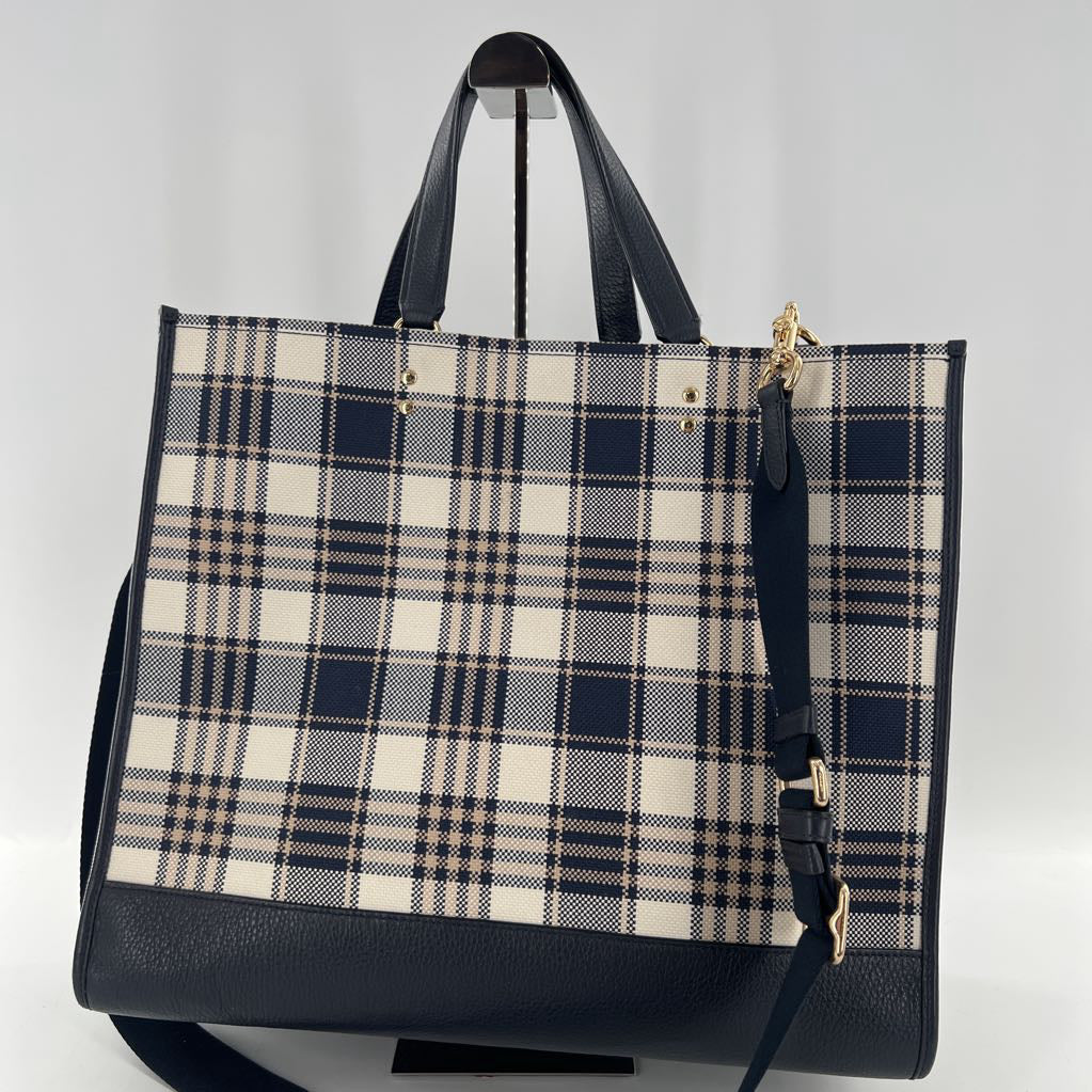garden plaid logo patch snap closure tote