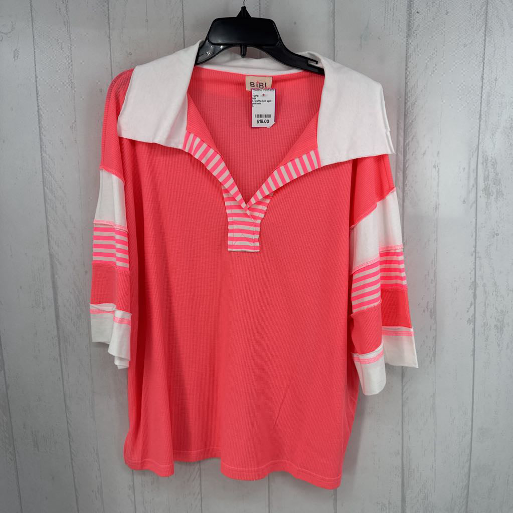 L waffle knit split neck w/ stripes 3/4 slv top