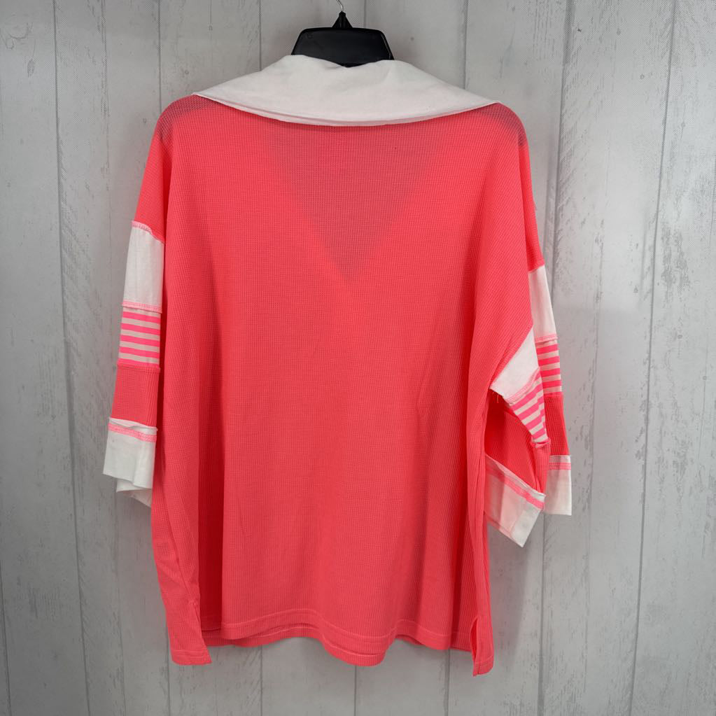 L waffle knit split neck w/ stripes 3/4 slv top