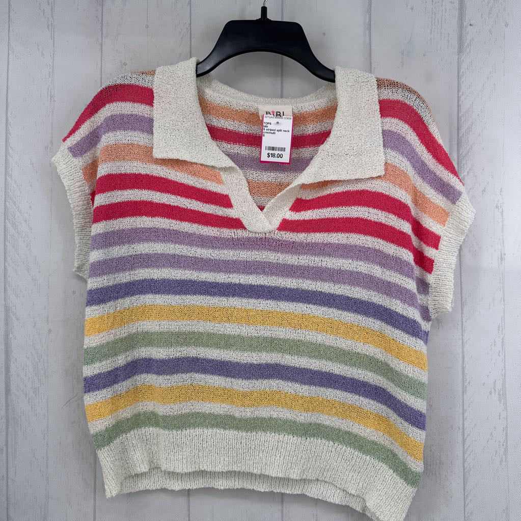 S striped split neck cap knit top