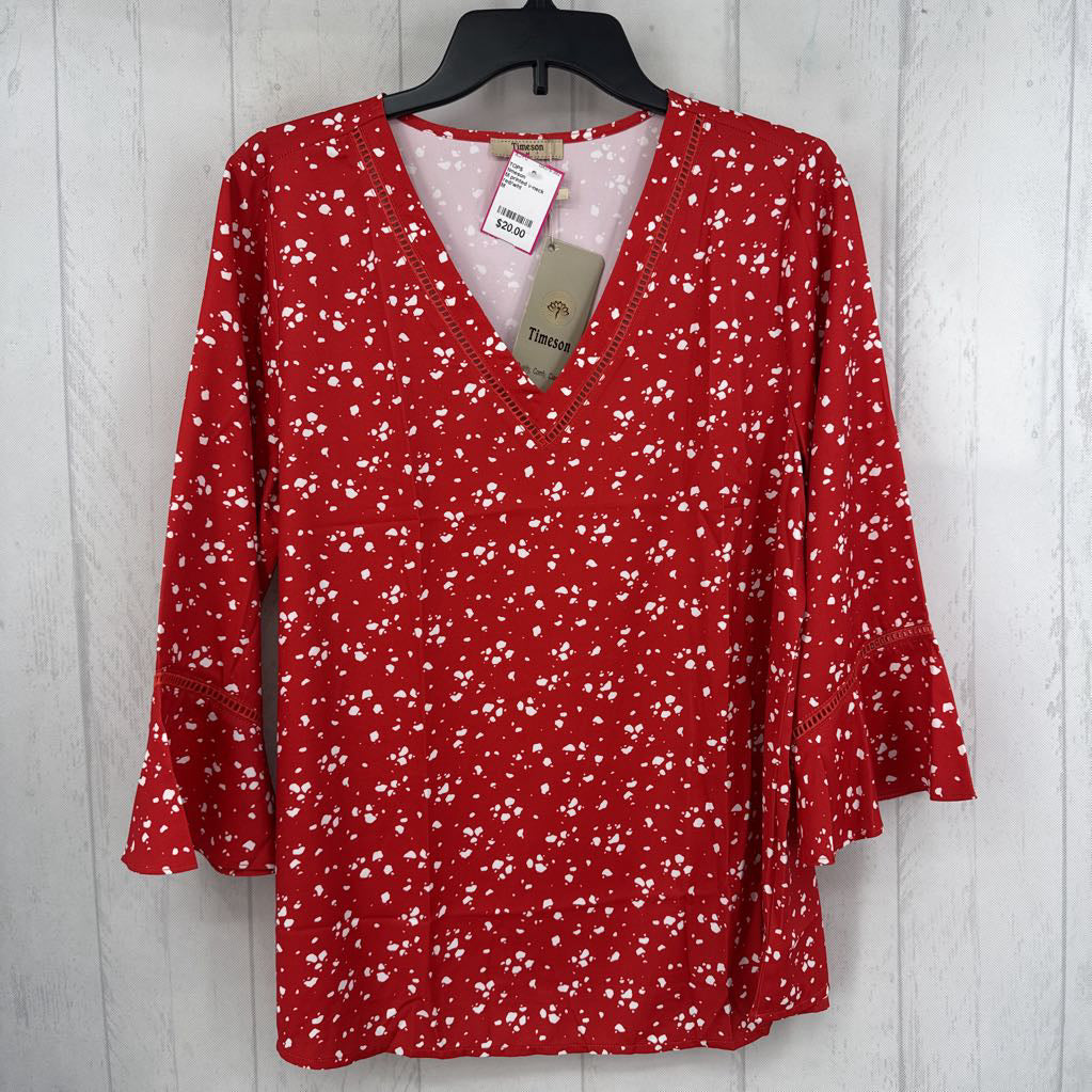 M printed v-neck flare 3/4 slv top
