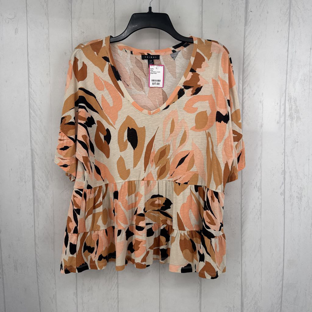 L printed v-neck tiered s/s top