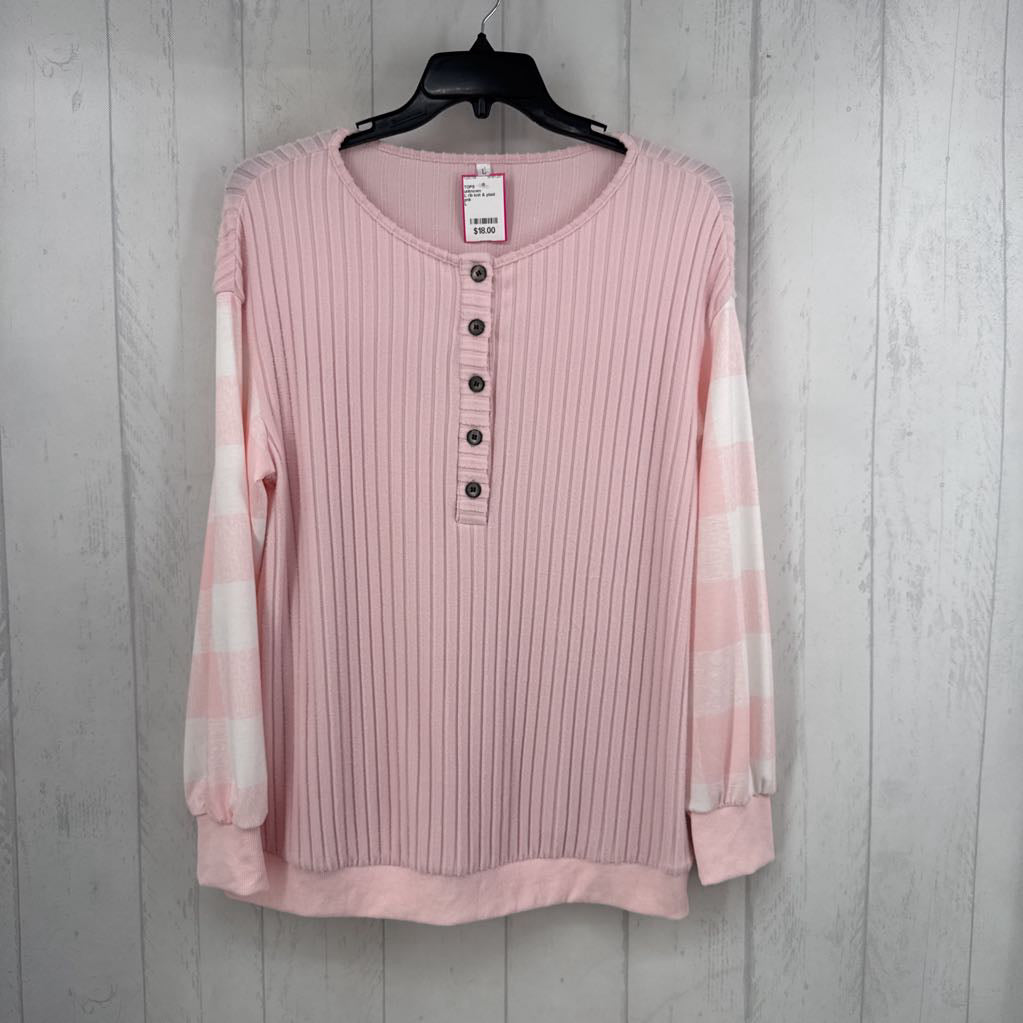L rib knit & plaid button front l/s top