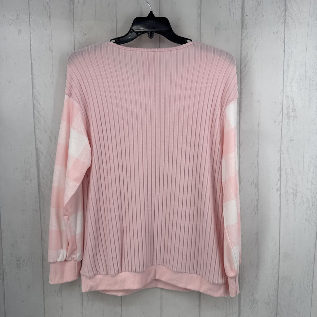 L rib knit & plaid button front l/s top