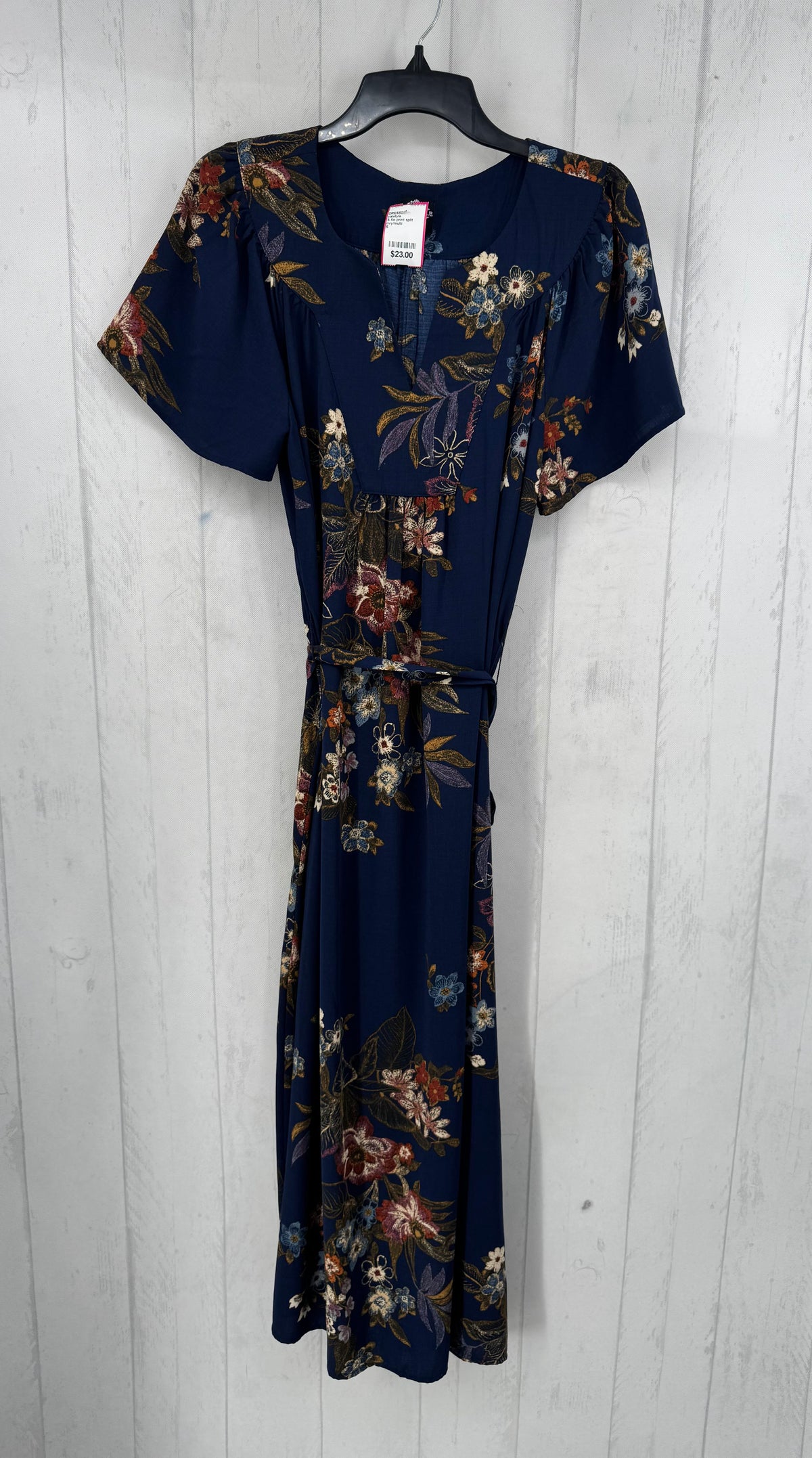 S flo print split neck belted s/s dress