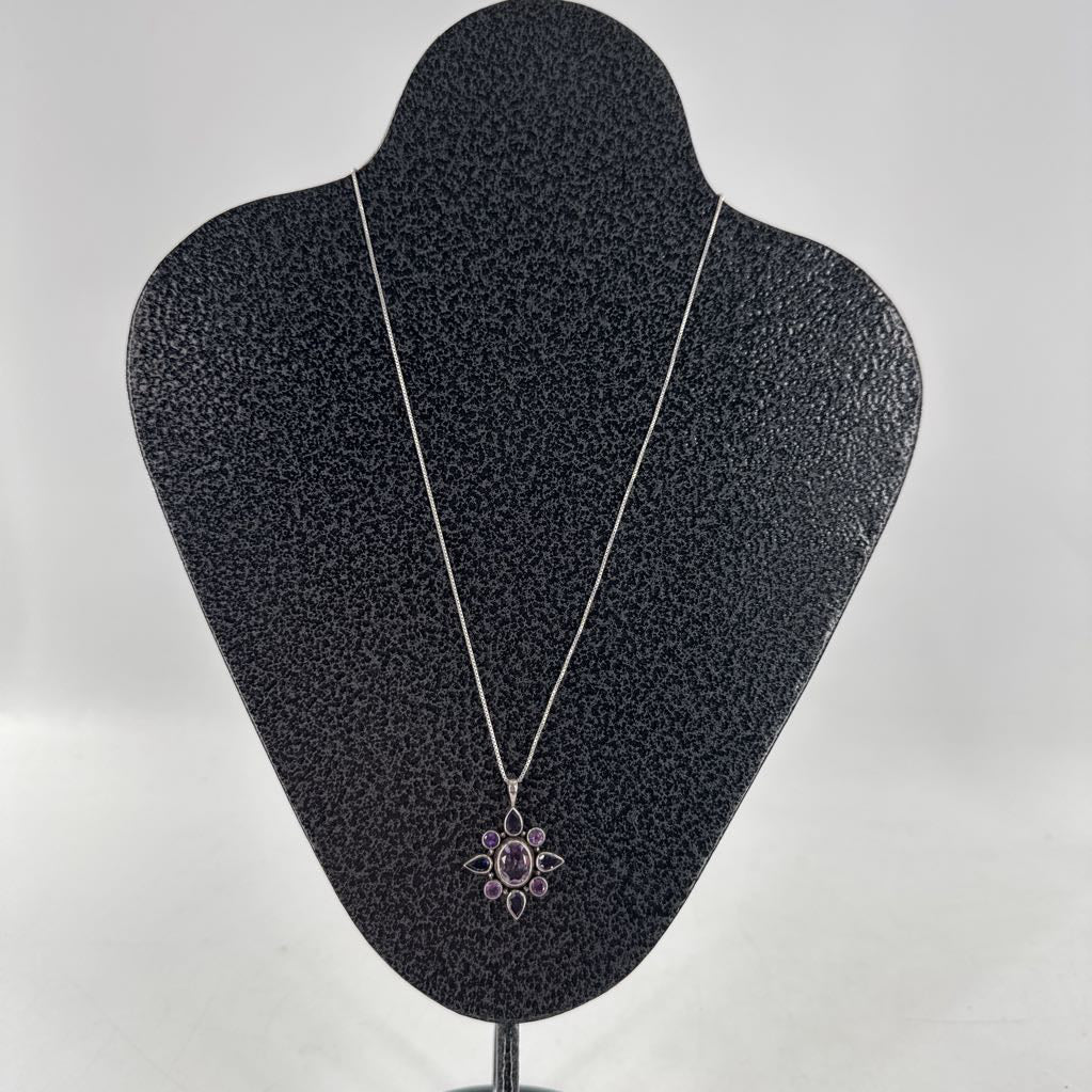 10" .925 silver necklace w/ purple stone pendant