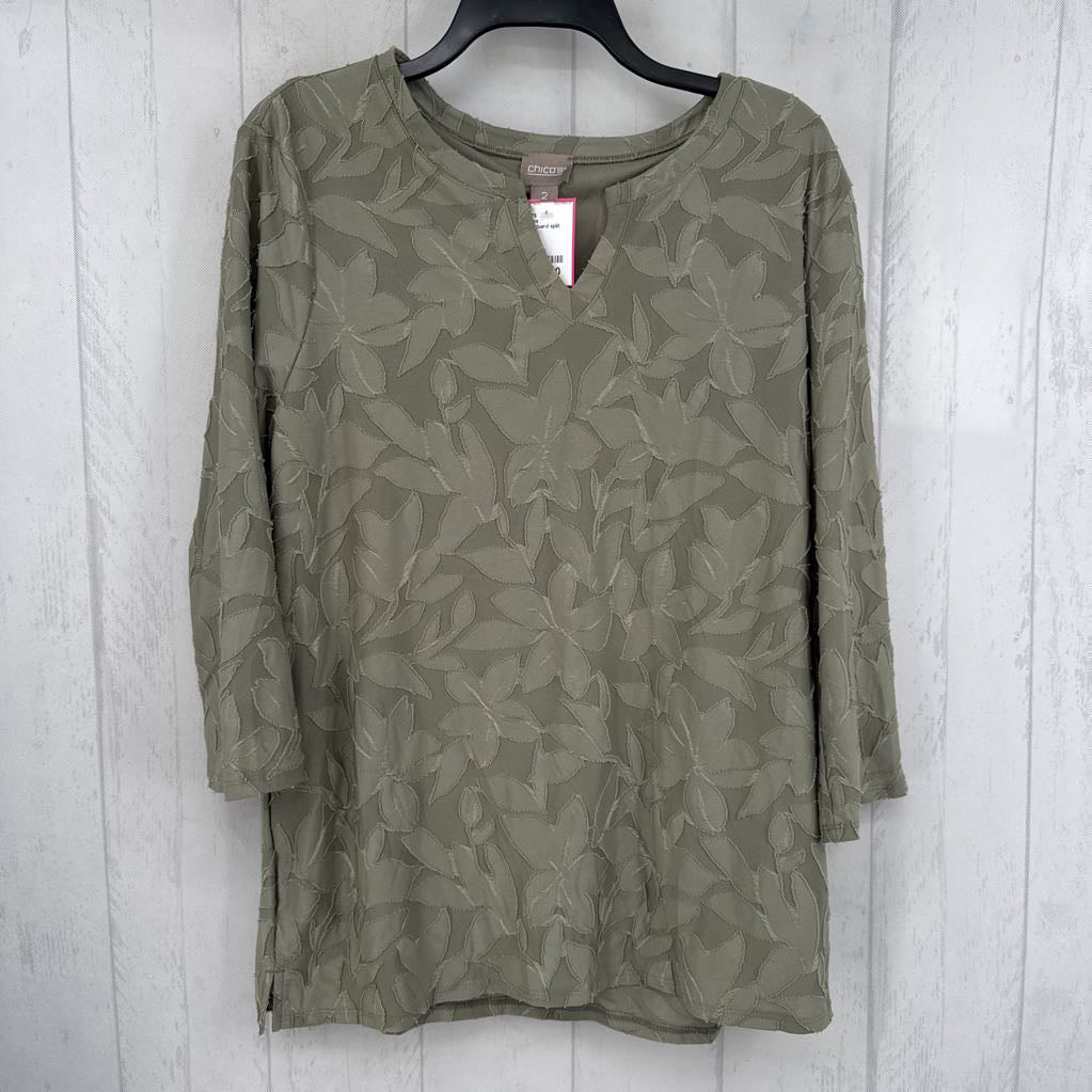 L jacquard split neck 3/4 slv top