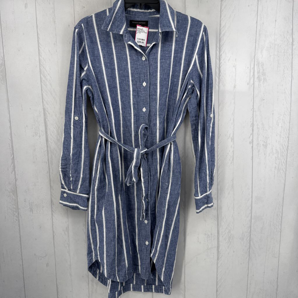 M chambray striped belted l/s dress
