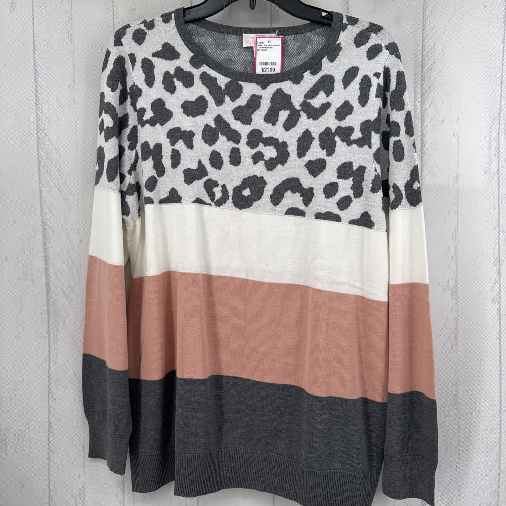 L animal print colorblock knit l/s top