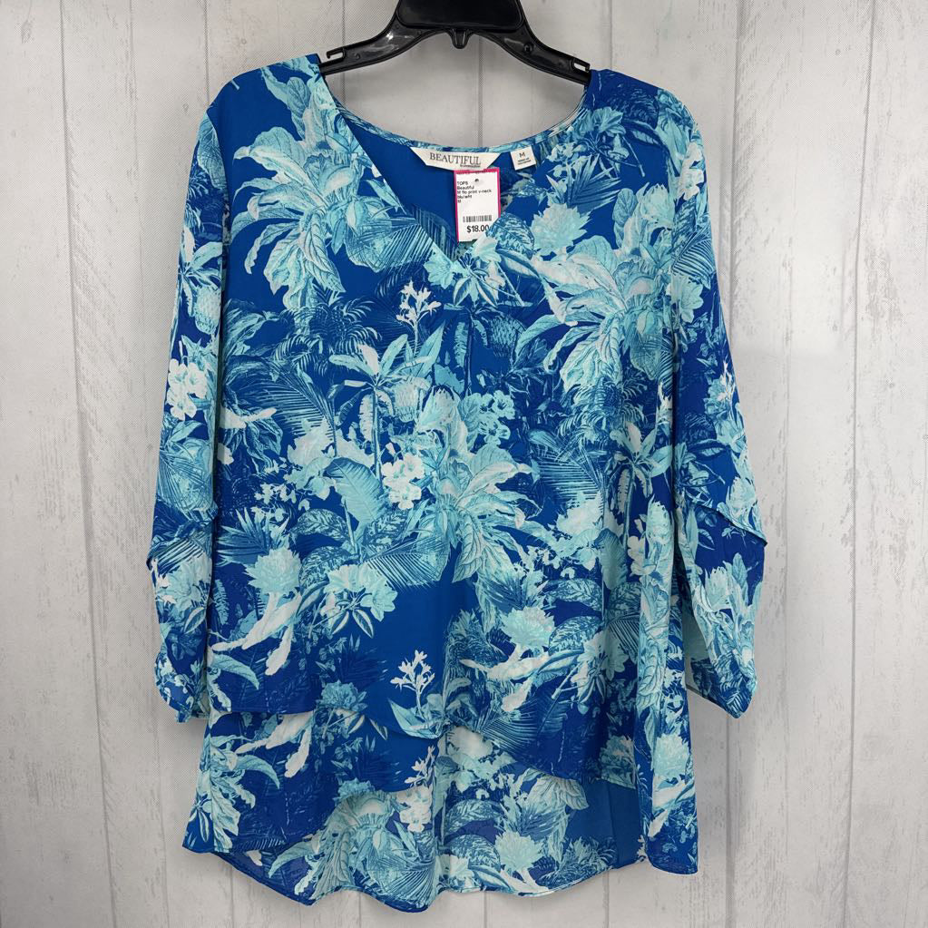M flo print v-neck 3/4 slv top