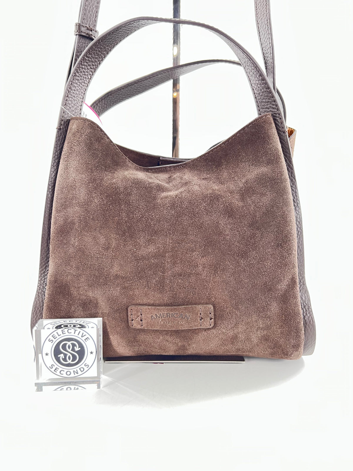 top handle triple entry suede satchel