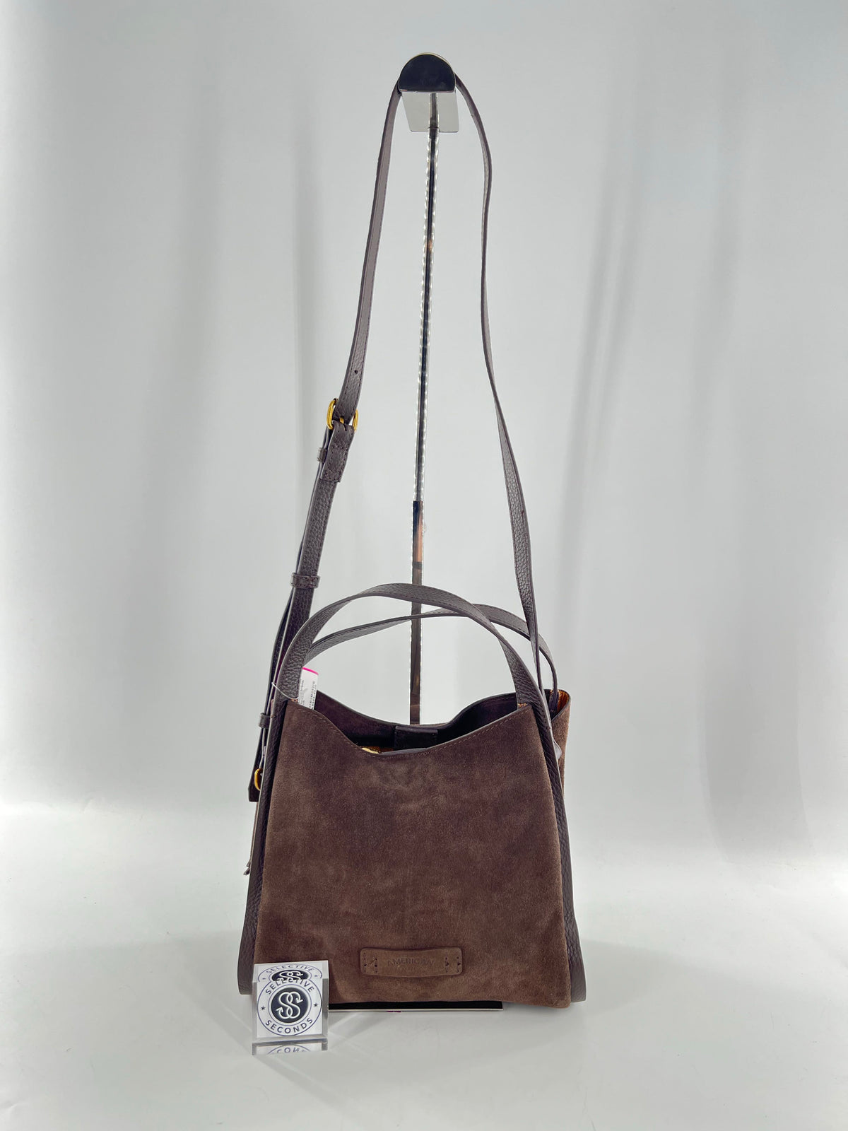 top handle triple entry suede satchel