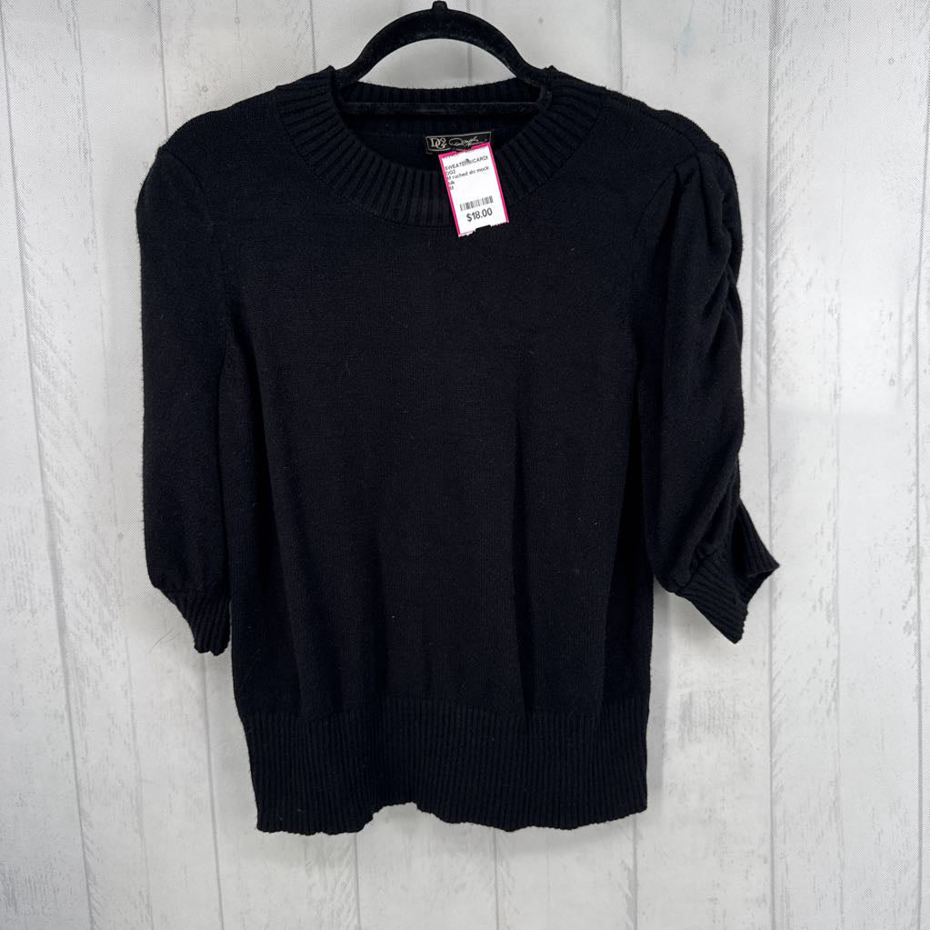 M ruched slv mock neck elbow slv sweater