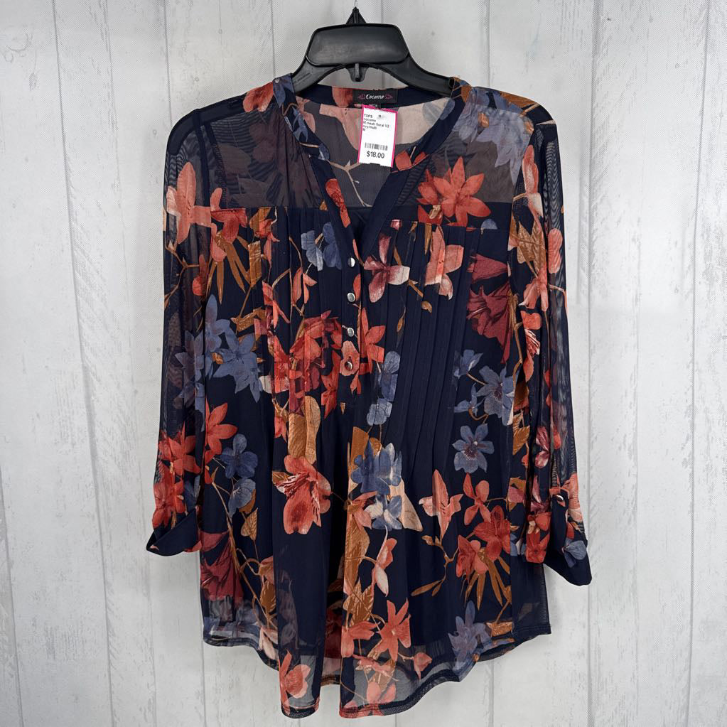 M mesh floral 1/2 button down tab slv top
