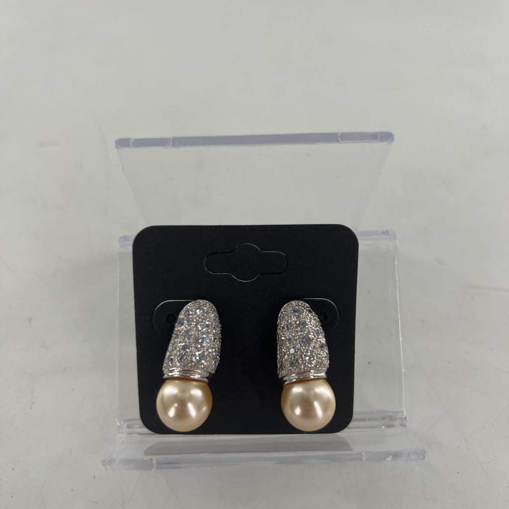 pave crystal peach pearl earrings