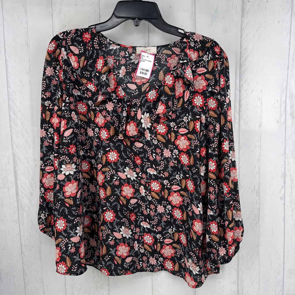 M flo print ruffled v-neck l/s top