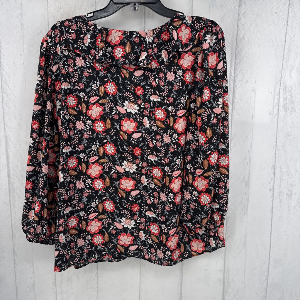 M flo print ruffled v-neck l/s top