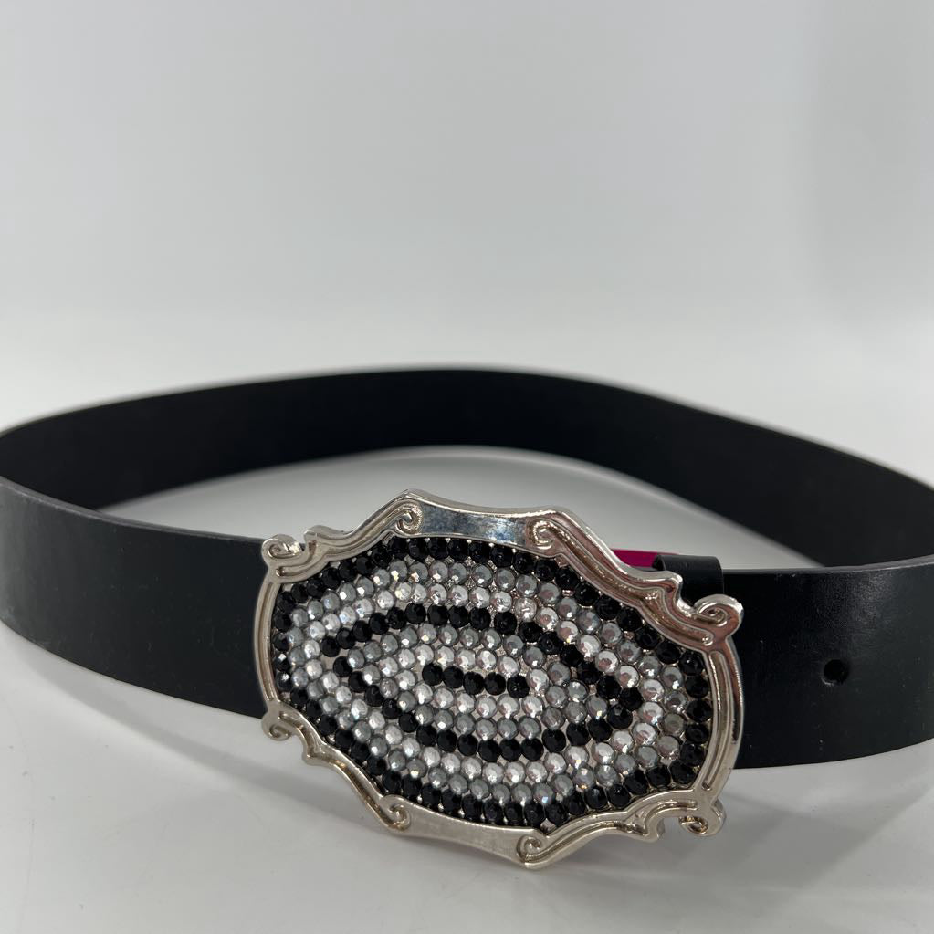 M black leather belt w/ crystal embelished buckle