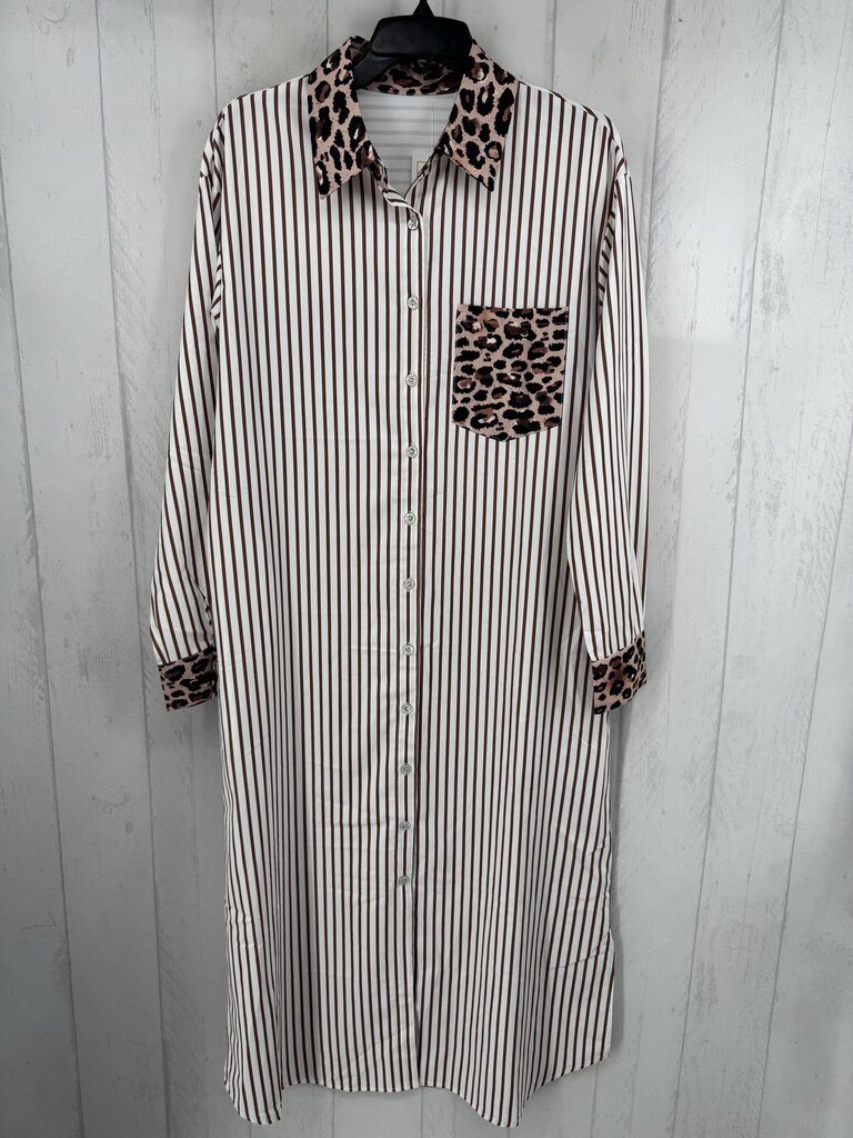 L l/s stripe animal print button maxi shirt dress