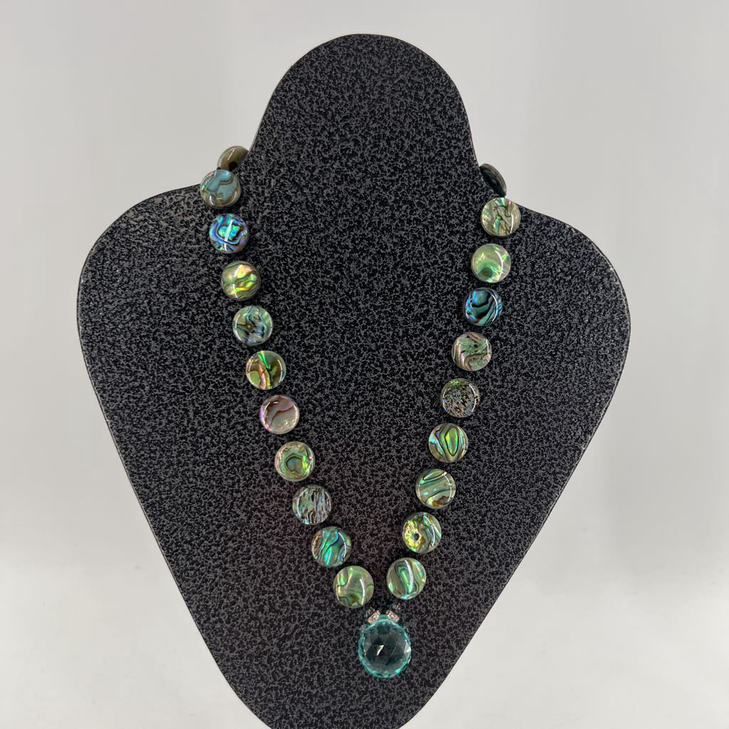 iridescent round abalone shell necklace w/ crystal pendant