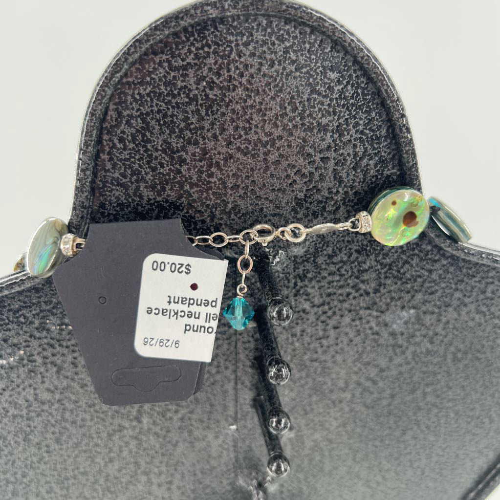 iridescent round abalone shell necklace w/ crystal pendant