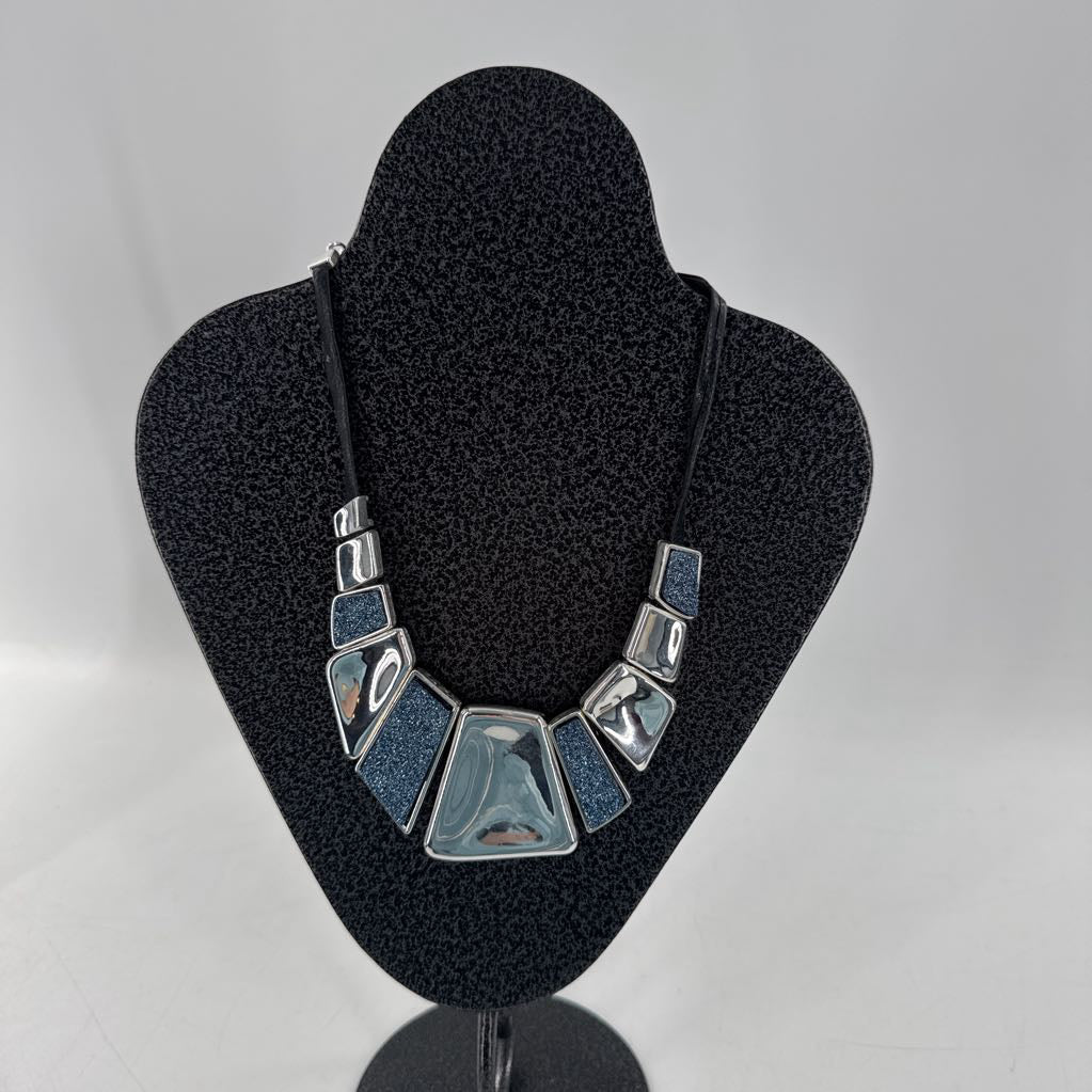 10" black cord necklace w/ silver & blue tiles