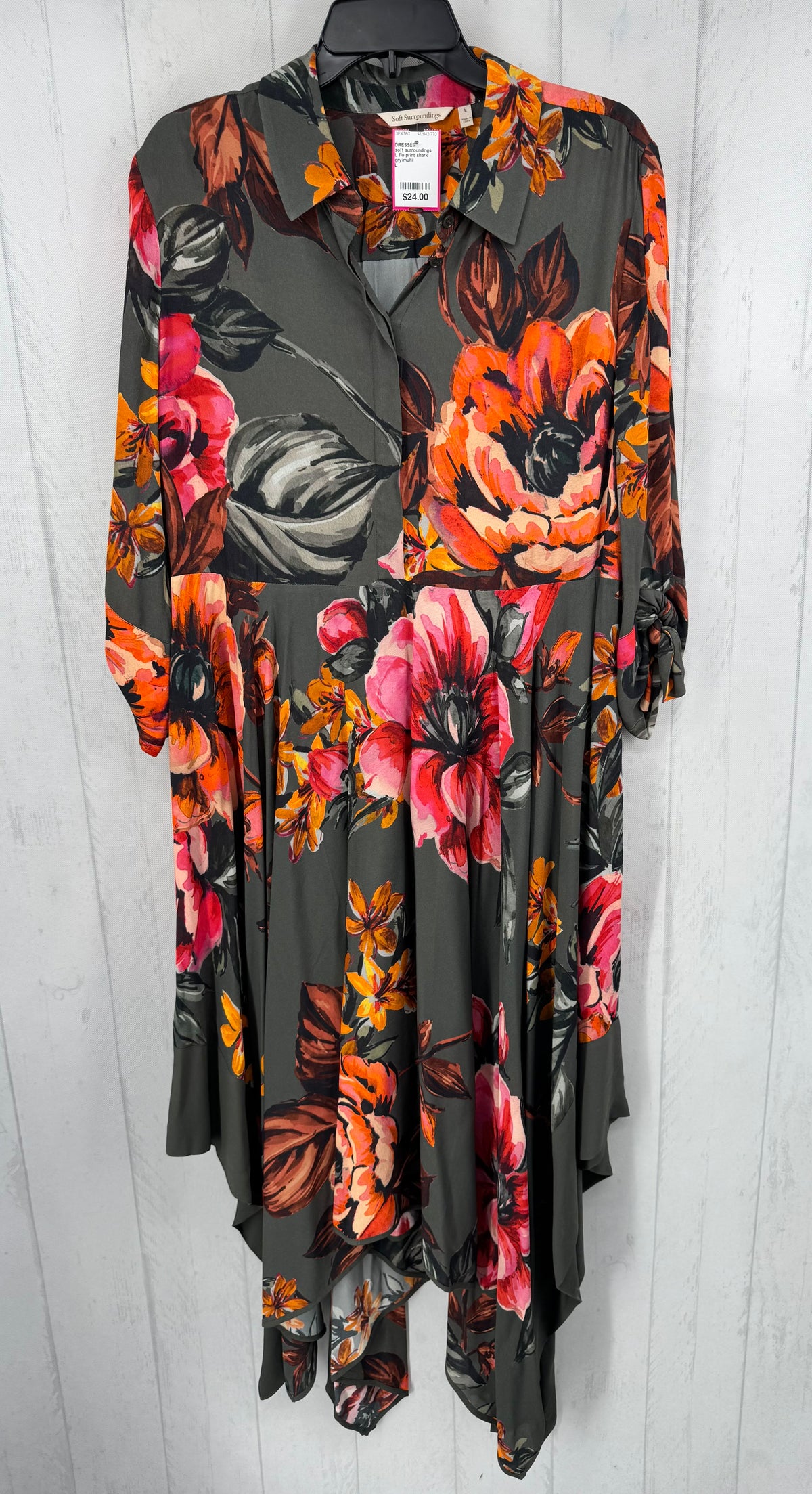 L flo print shark bite hem 3/4 slv dress