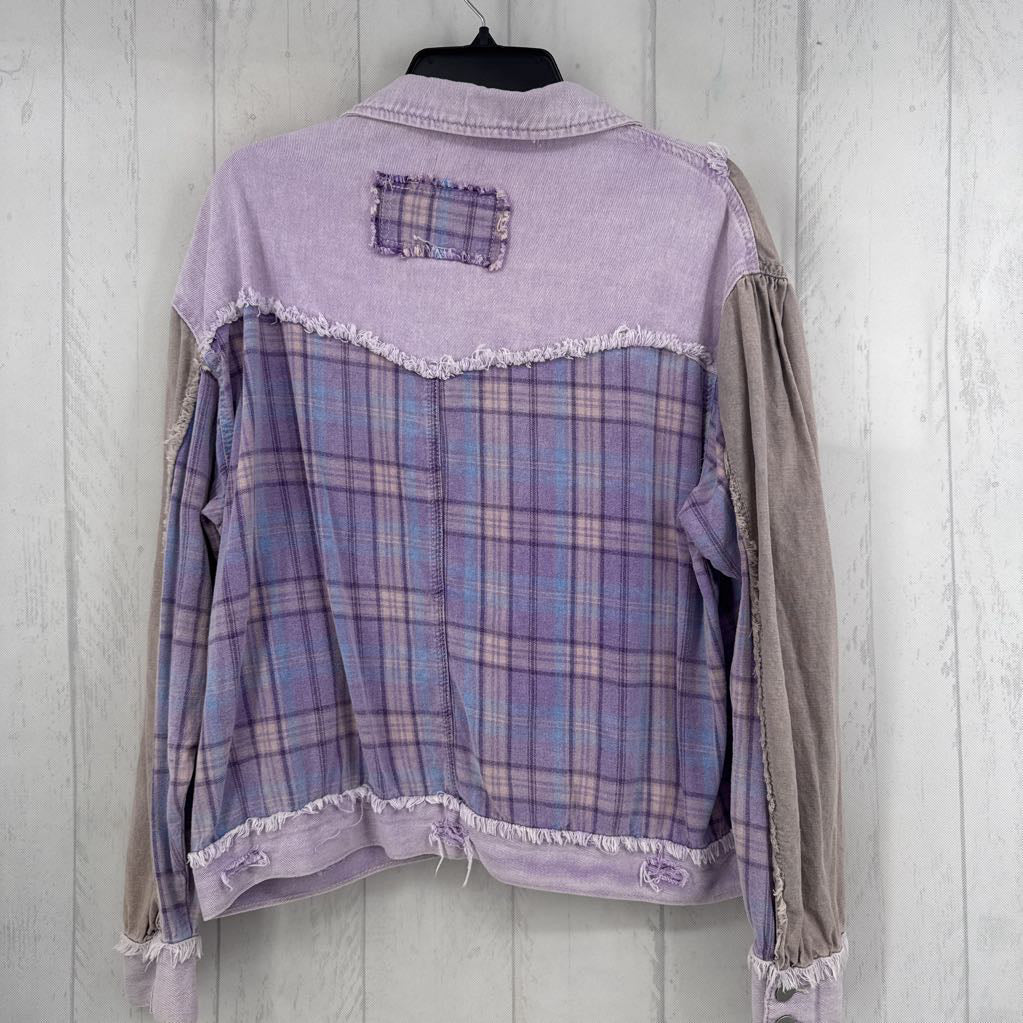 M plaid accent raw hem denim shacket