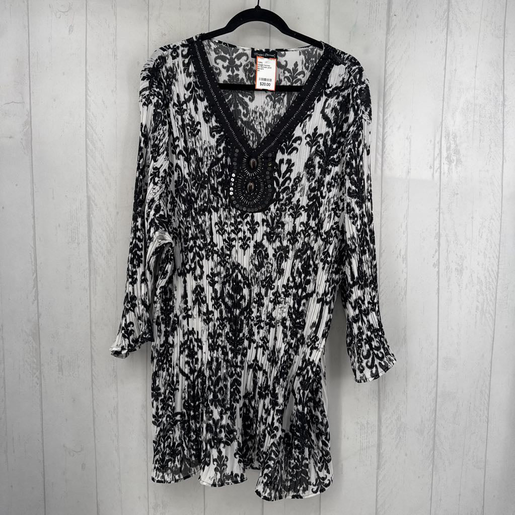 4X damask print embelished pleated l/s top