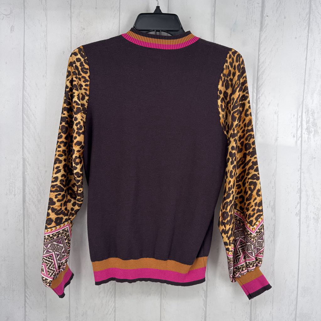 S animal print slv solid sweater
