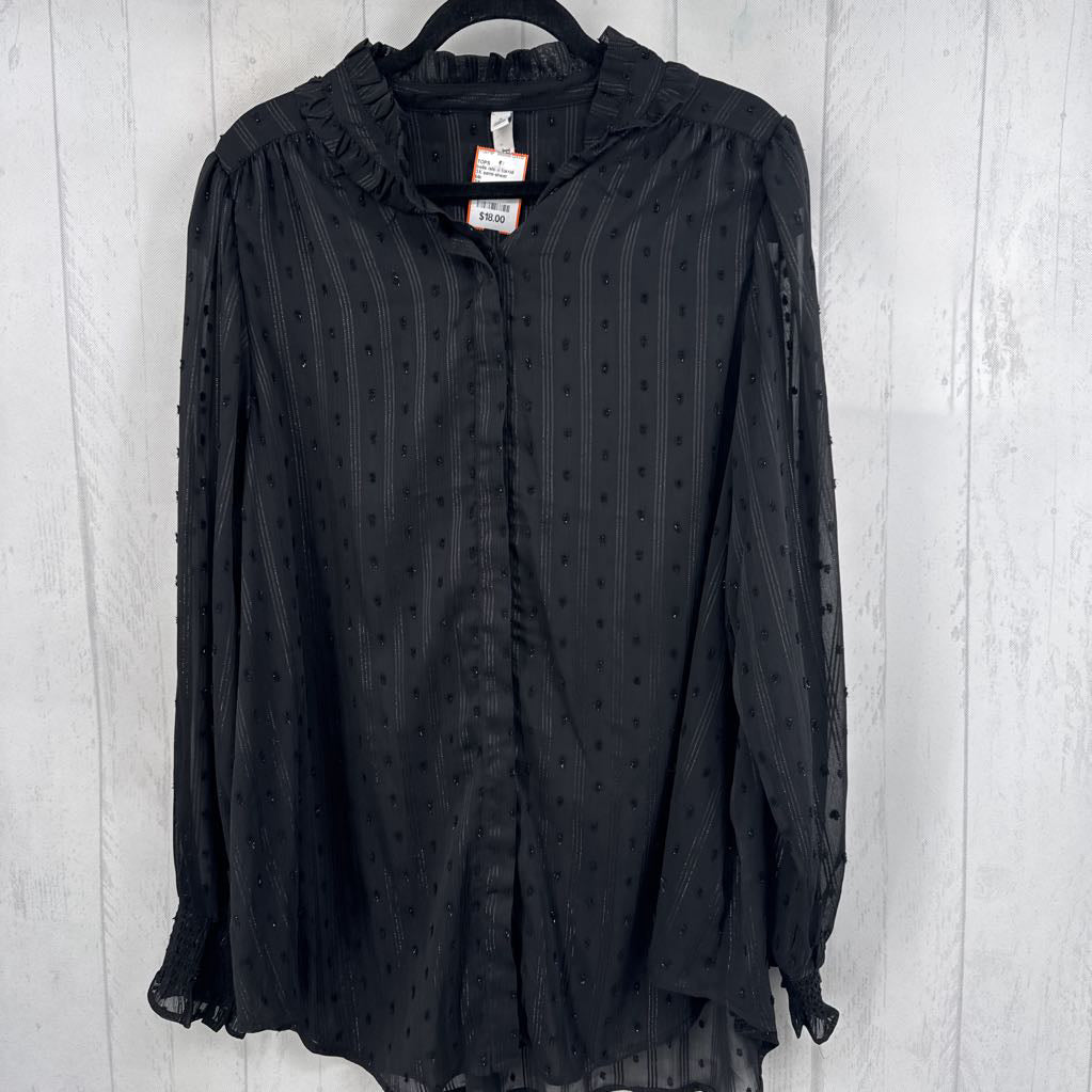 3X semi-sheer ruffled button down l/s top