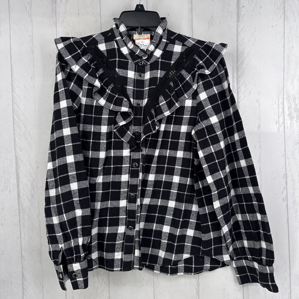 S flannel ruffled button down l/s top