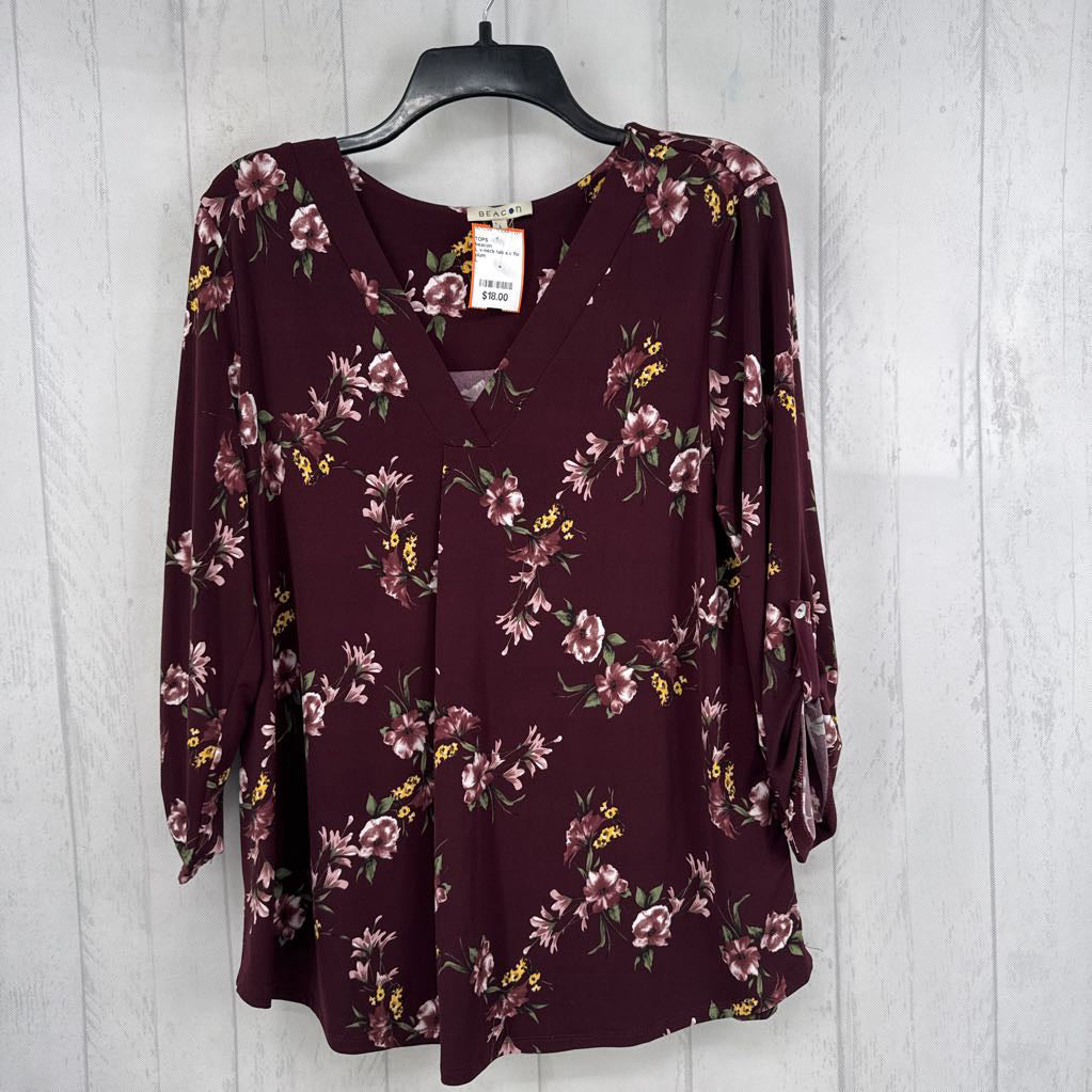 L v-neck tab slv flo print top