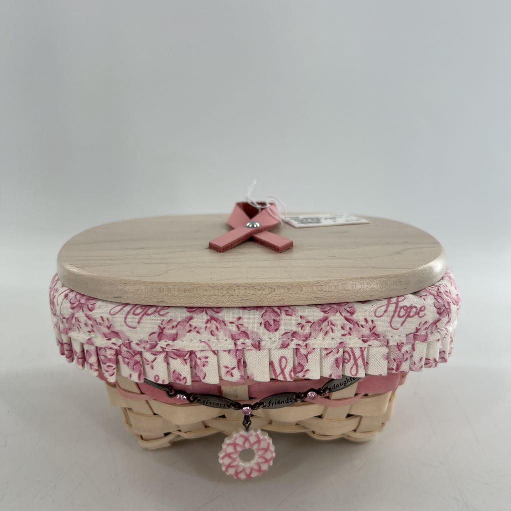 pink ribbon longaberger basket w/ floral liner & lid