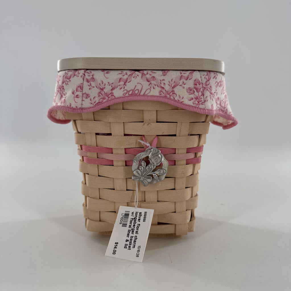 silver floral charm longaberger basket w/ floral liner & lid