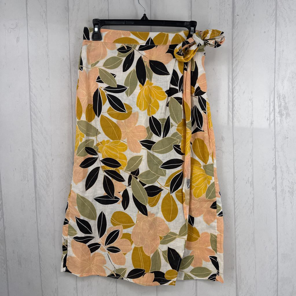 S linen leaf print wrap skirt