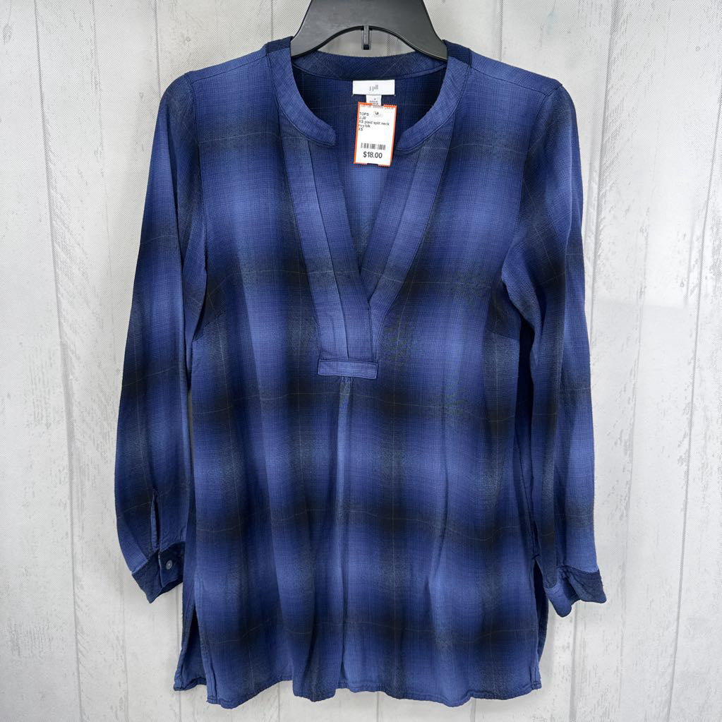 XS plaid split neck l/s top