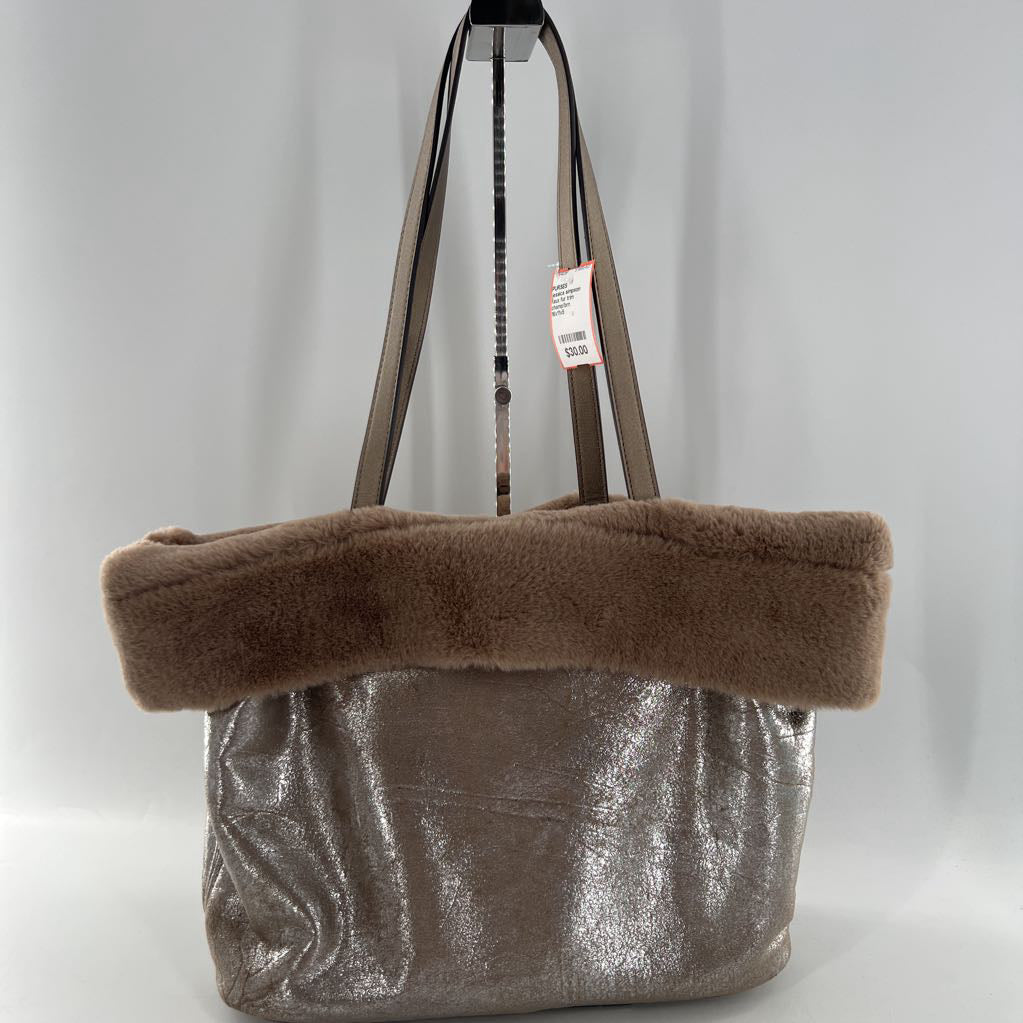 faux fur trim metallic tote bag