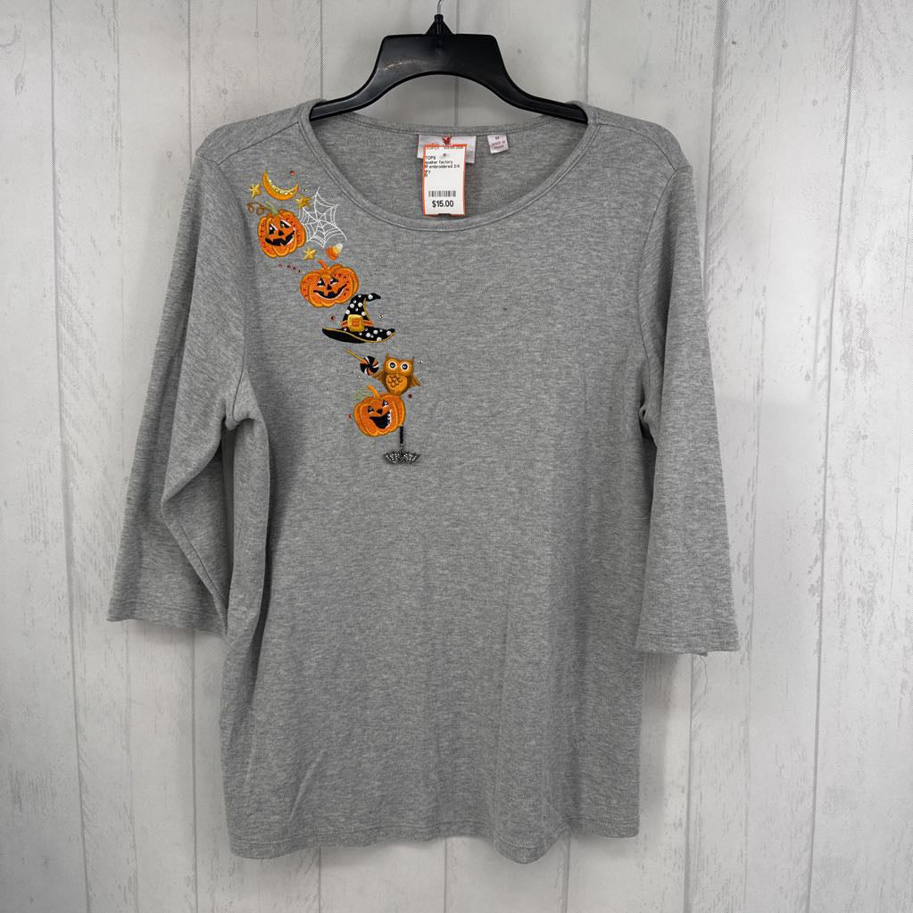 M embroidered 3/4 slv tee-pumpkins