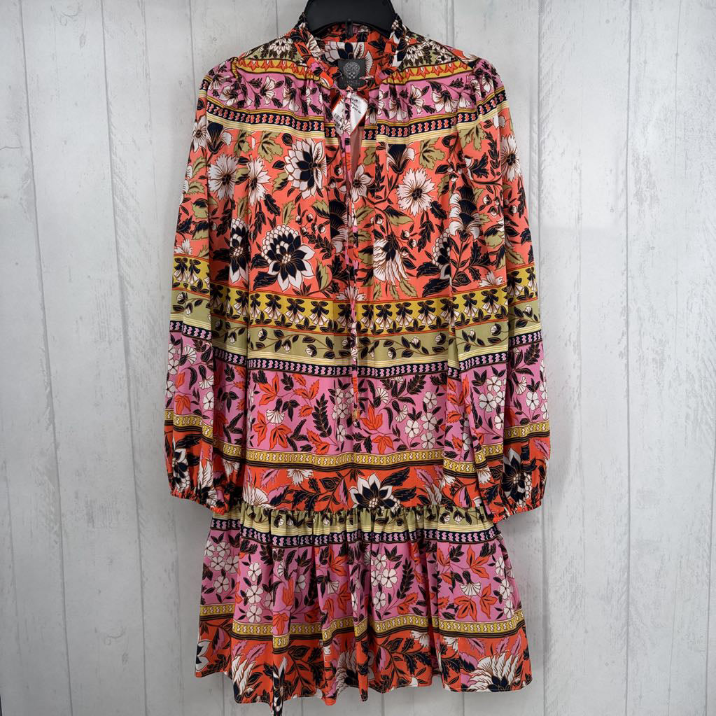 R158 2 flo print tie-front l/s dress