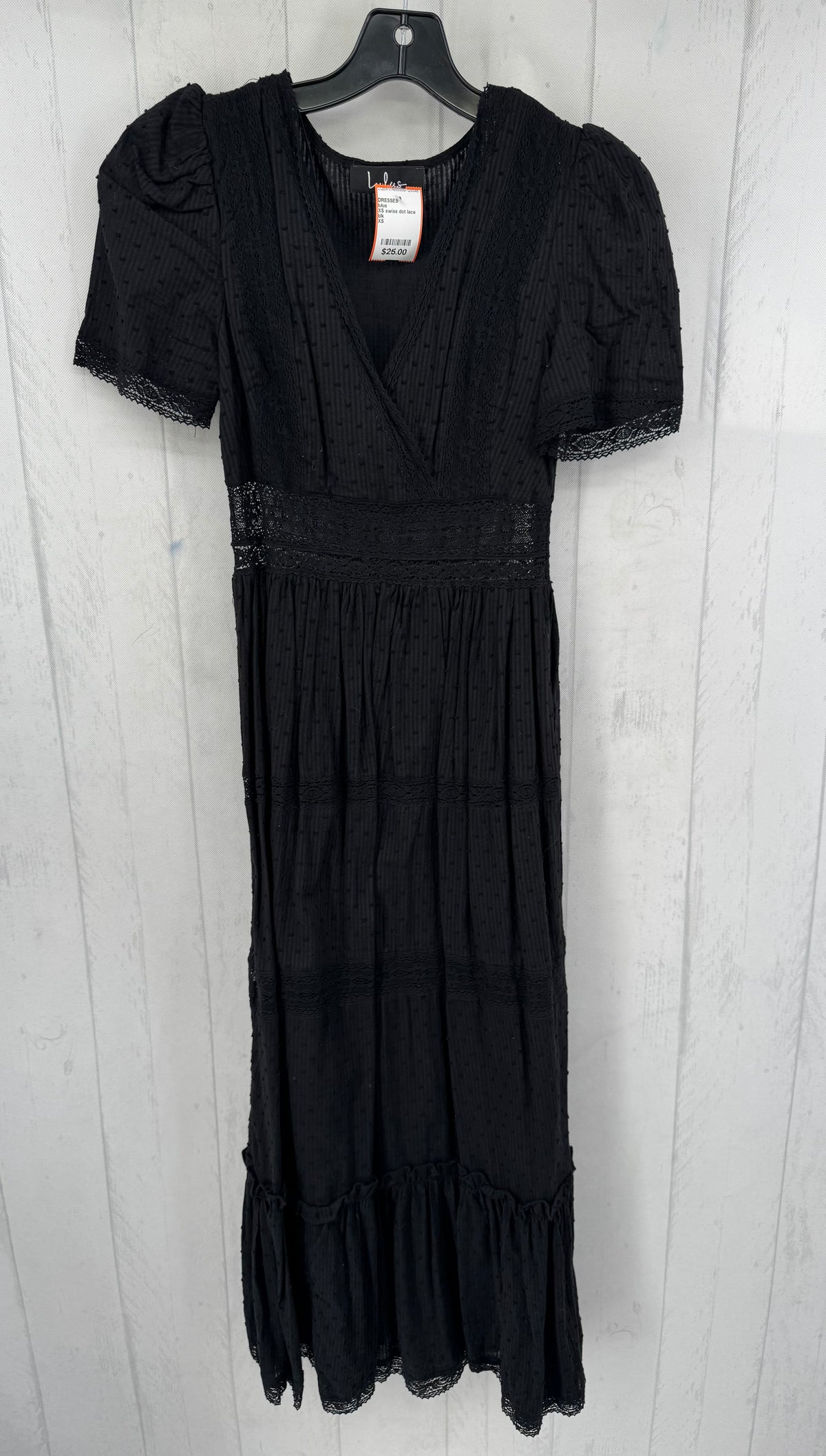 XS swiss dot lace accent s/s maxi dress