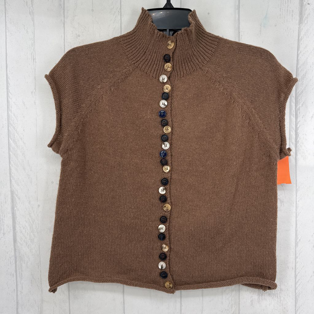 L mock neck button front cap slv sweater
