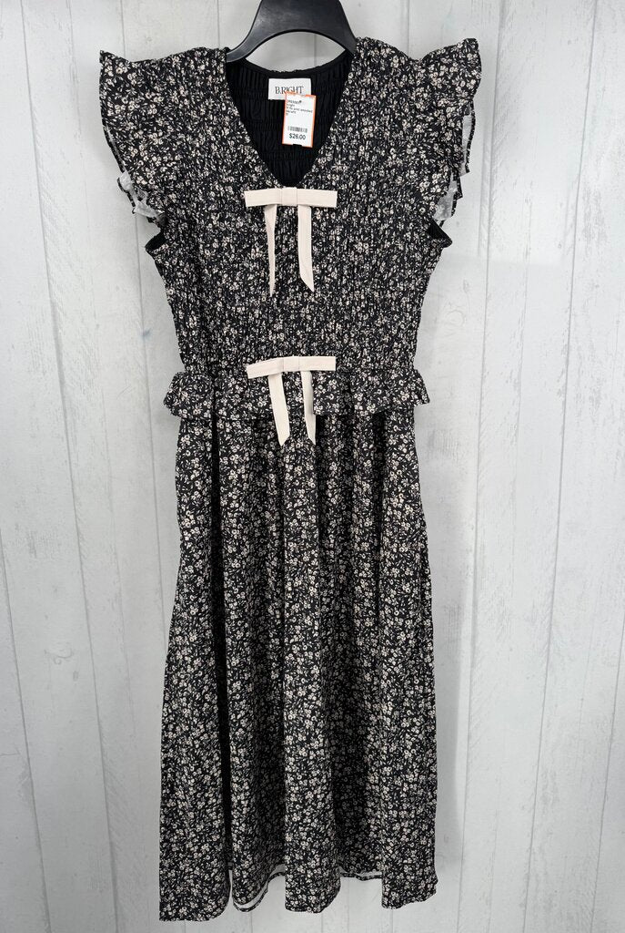 M flo print smocked bow front flutter slv dress