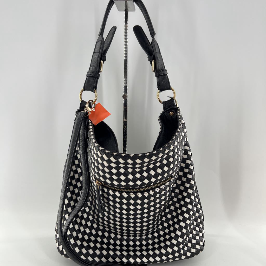 two-tone woven handbag