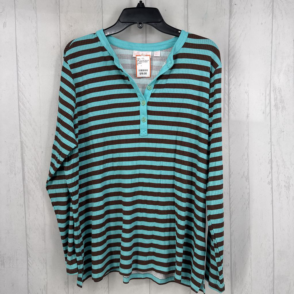 XL ribbed striped quarter button down l/s top
