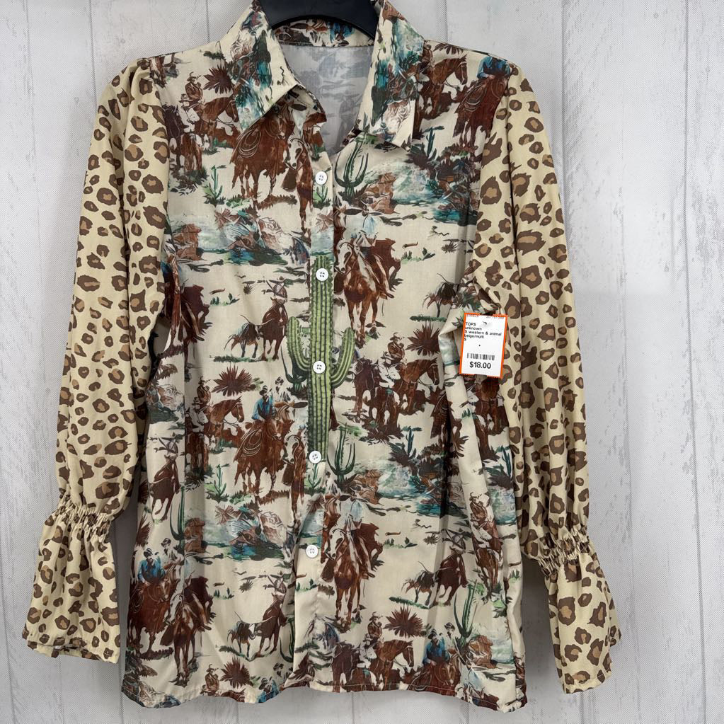 S western & animal print button down l/s top