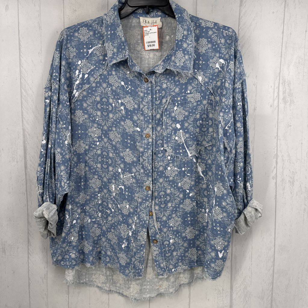 S paisley print paint splatter button down l/s top